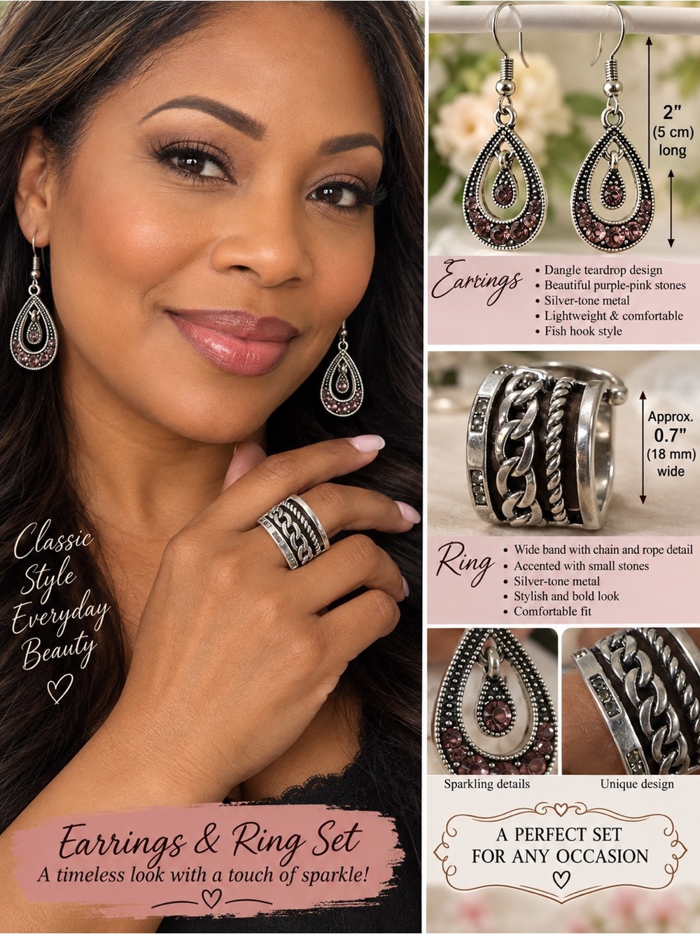 Silver-Tone Purple-Pink Stone Teardrop Earrings & Ring Set